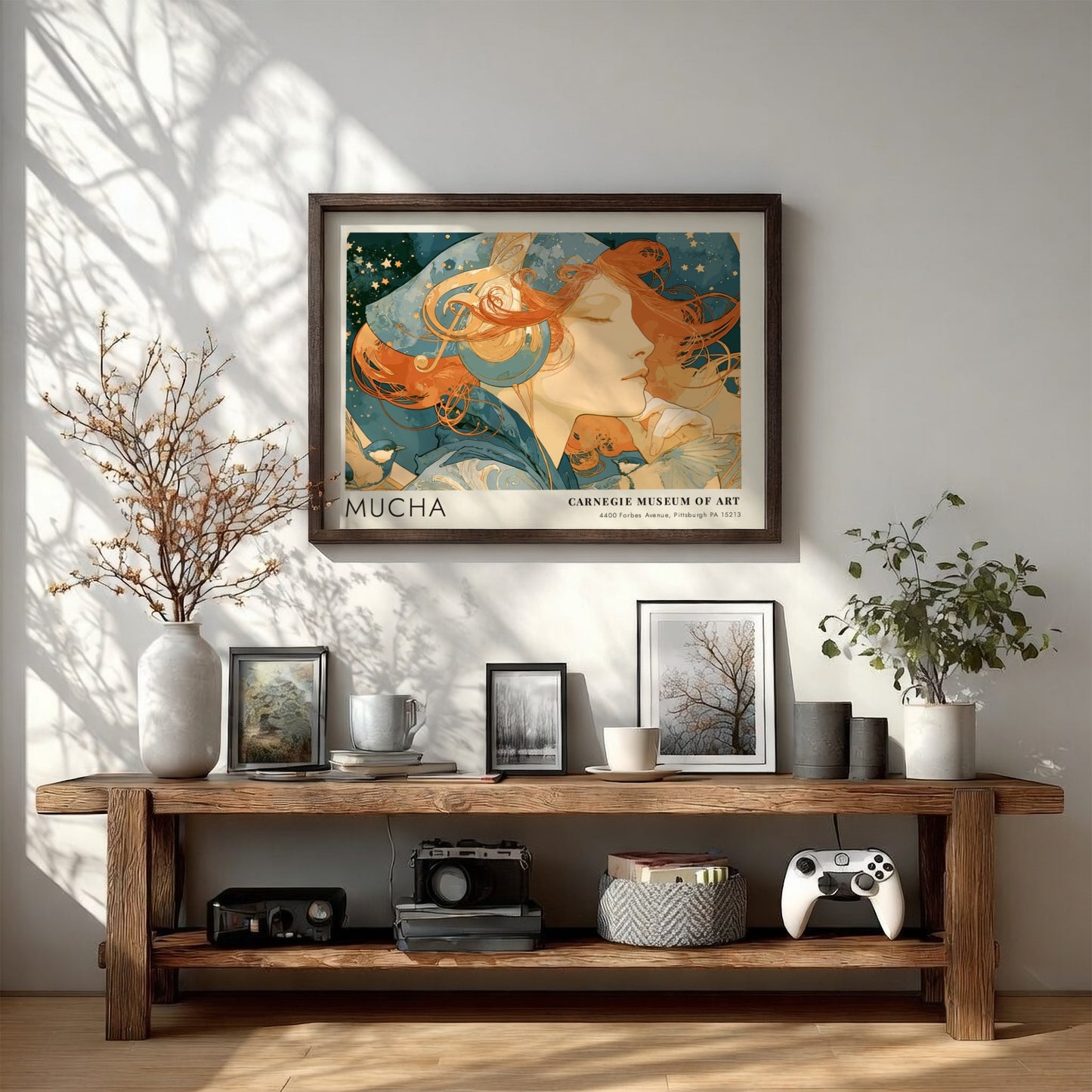Wall art poster featuring Alphonse Mucha L'Amethyste artwork in soft blue and amber tones.
