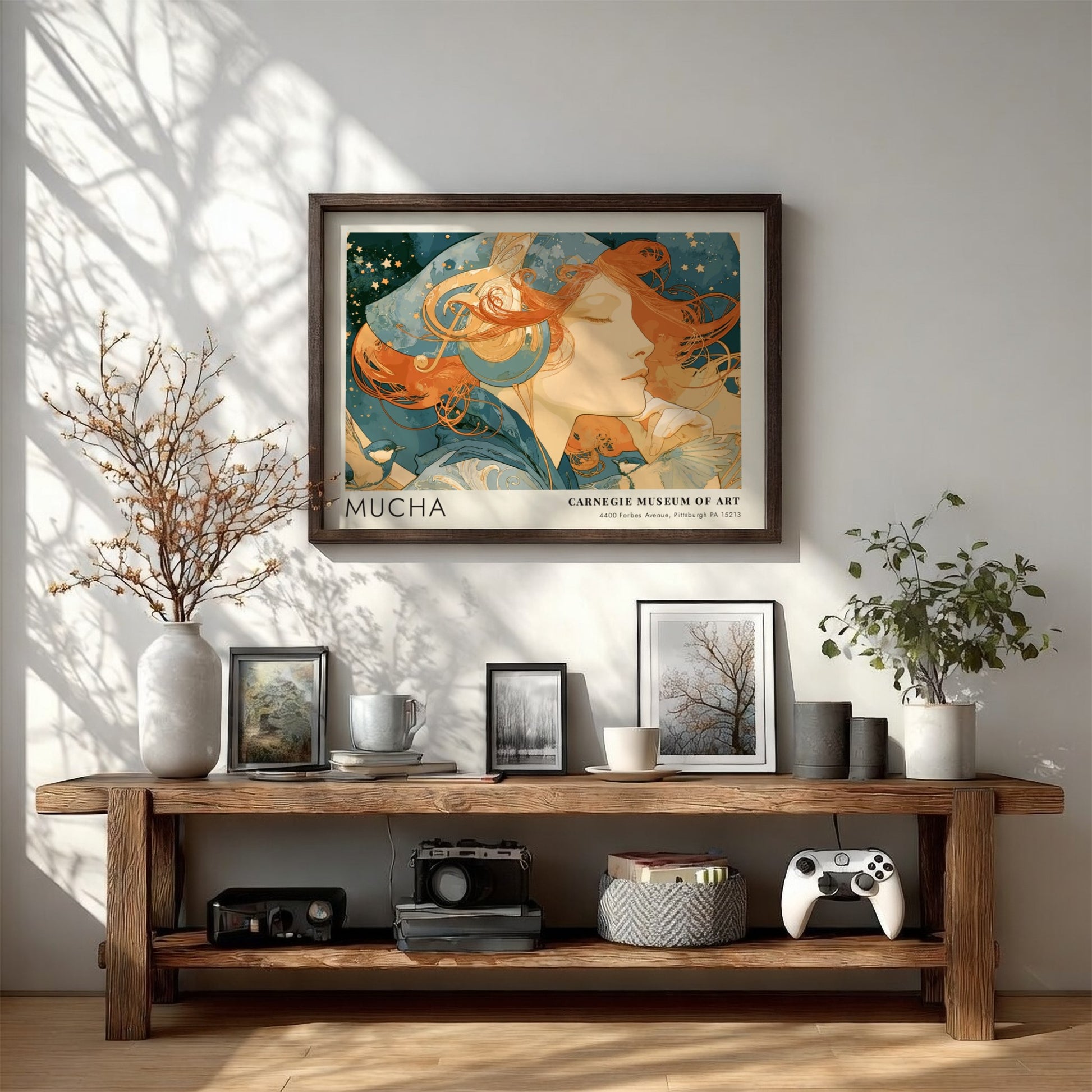 Wall art poster featuring Alphonse Mucha L'Amethyste artwork in soft blue and amber tones.