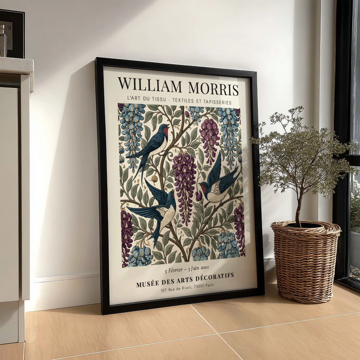 William Morris poster featuring swallows and wisteria in rich colors and intricate design