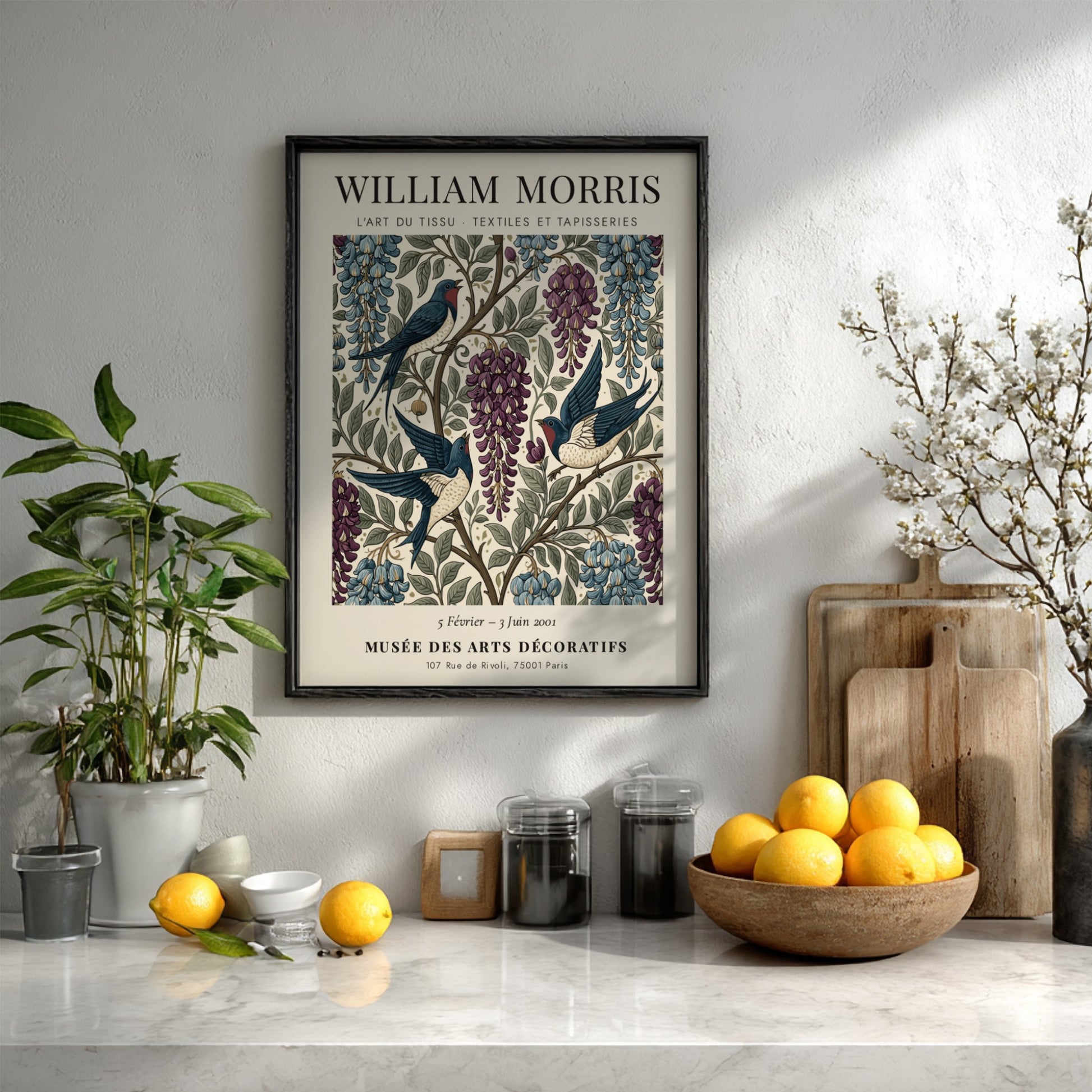 William Morris poster featuring swallows and wisteria in rich colors and intricate design