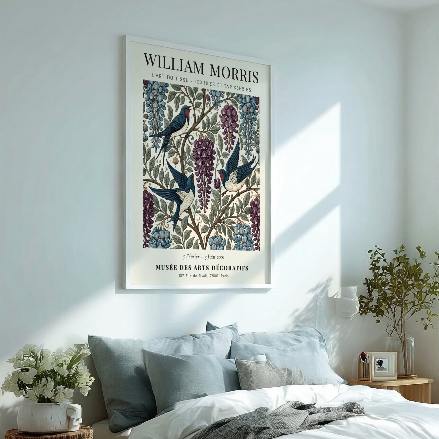 William Morris poster featuring swallows and wisteria in rich colors and intricate design