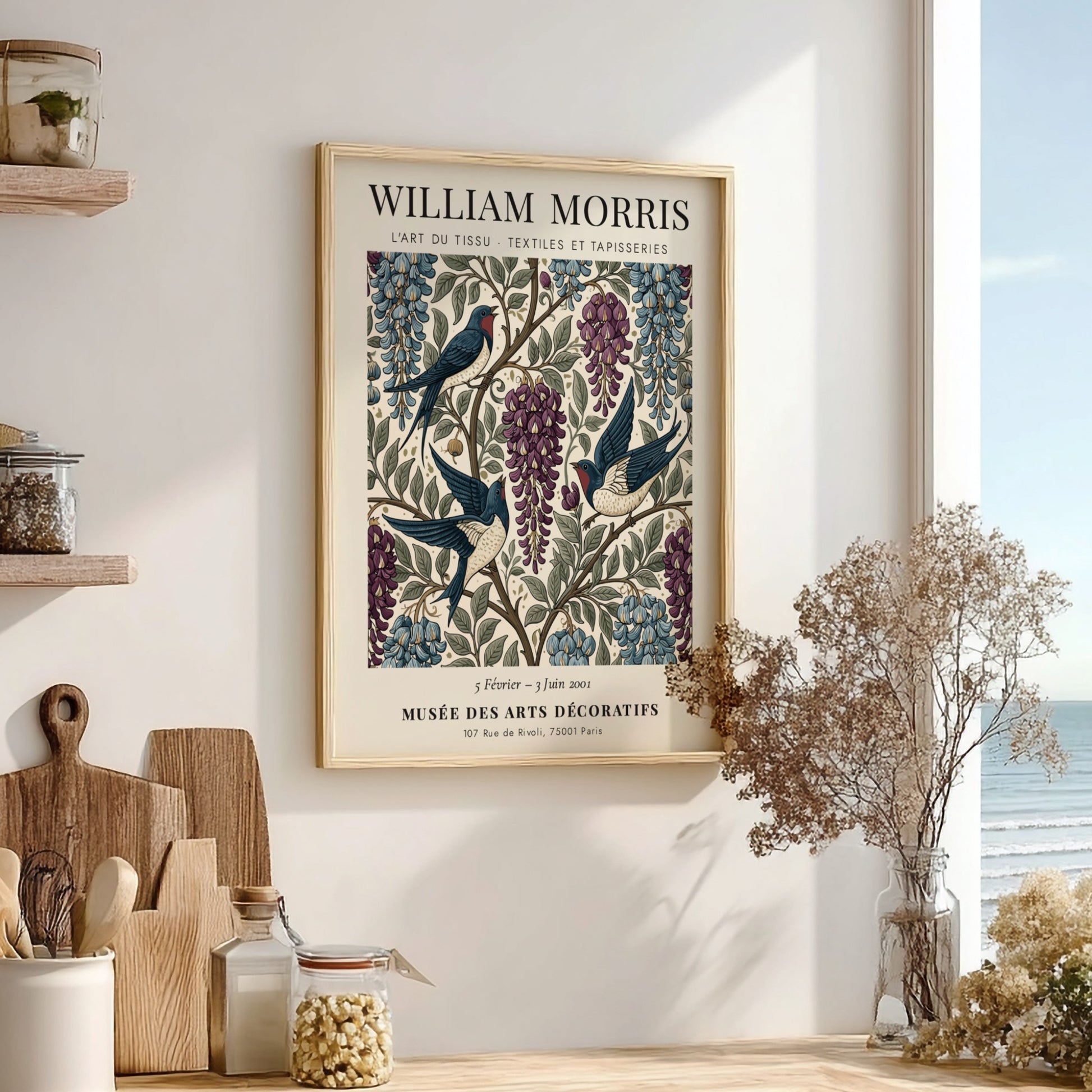 William Morris poster featuring swallows and wisteria in rich colors and intricate design