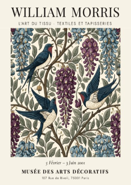 William Morris poster featuring swallows and wisteria in rich colors and intricate design