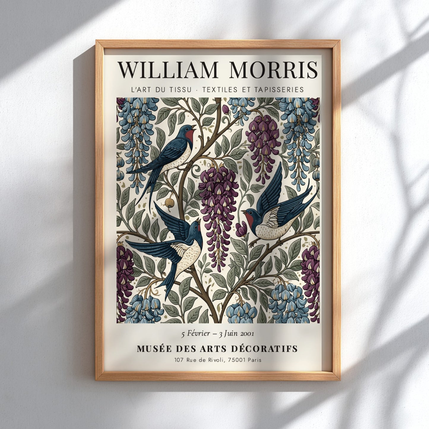 William Morris poster featuring swallows and wisteria in rich colors and intricate design