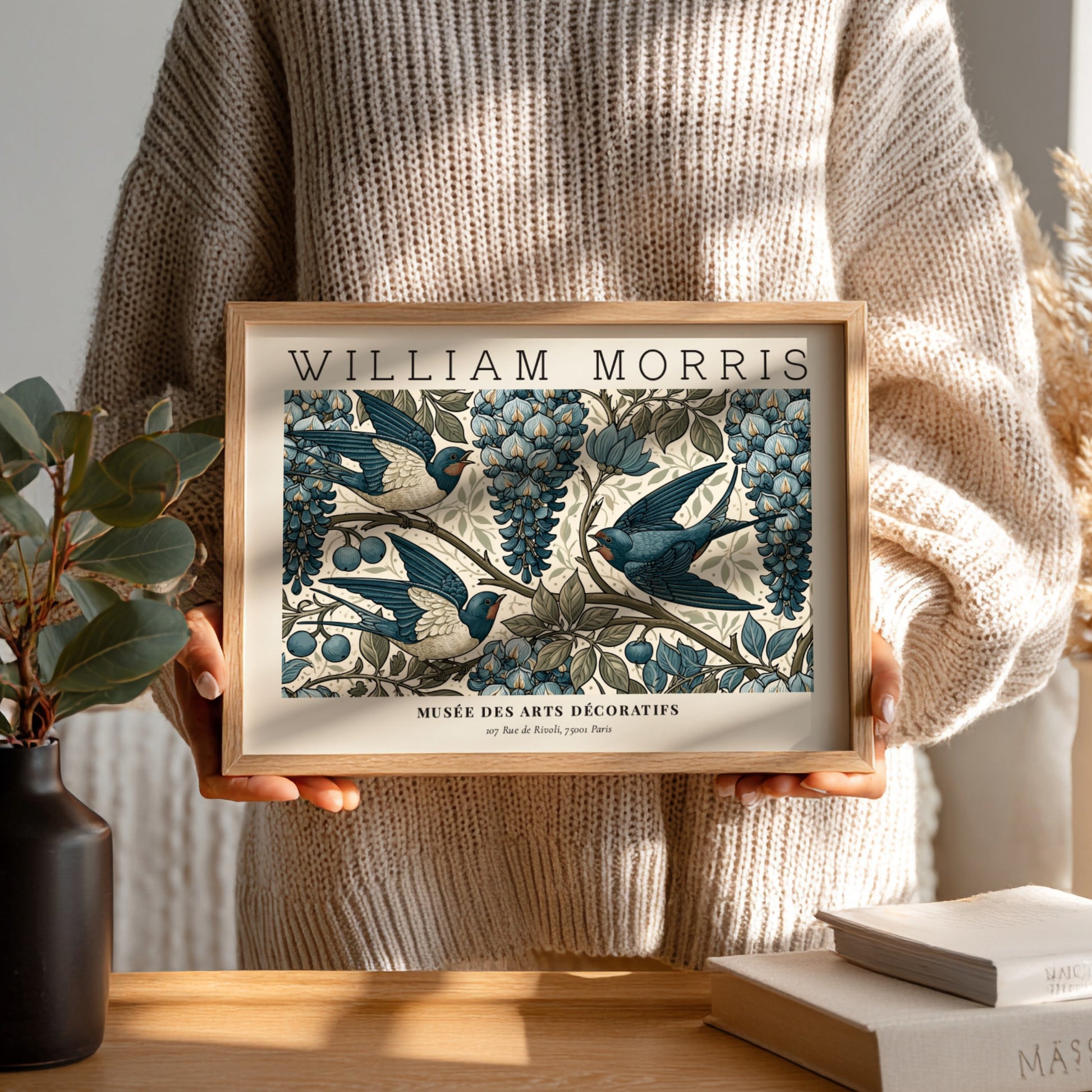 L'Art du Tissu wall art print by William Morris featuring blue swallows and grapes in vintage style