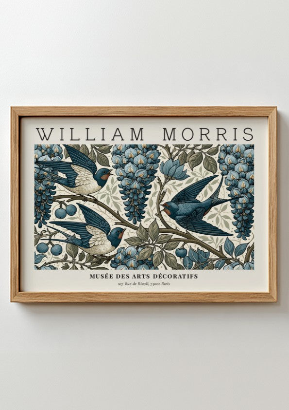 L'Art du Tissu wall art print by William Morris featuring blue swallows and grapes in vintage style