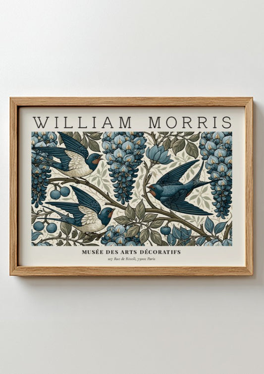 L'Art du Tissu wall art print by William Morris featuring blue swallows and grapes in vintage style