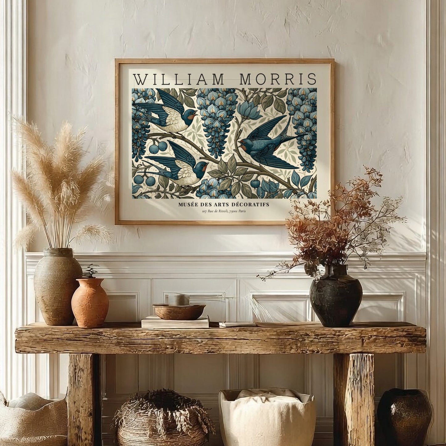 L'Art du Tissu wall art print by William Morris featuring blue swallows and grapes in vintage style