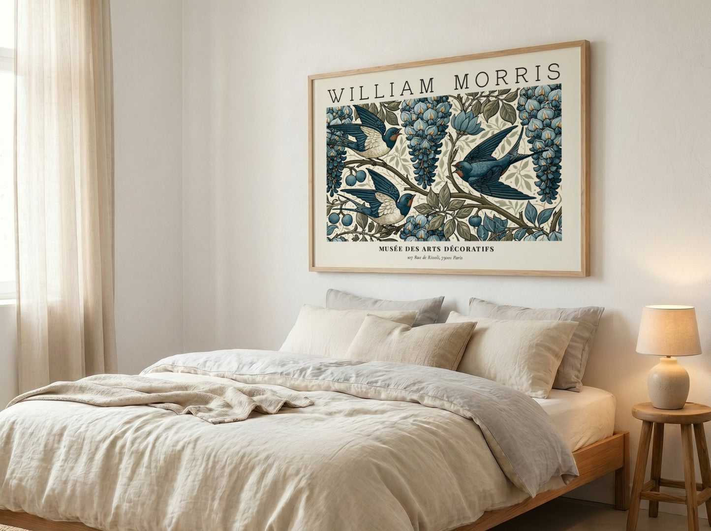 L'Art du Tissu wall art print by William Morris featuring blue swallows and grapes in vintage style