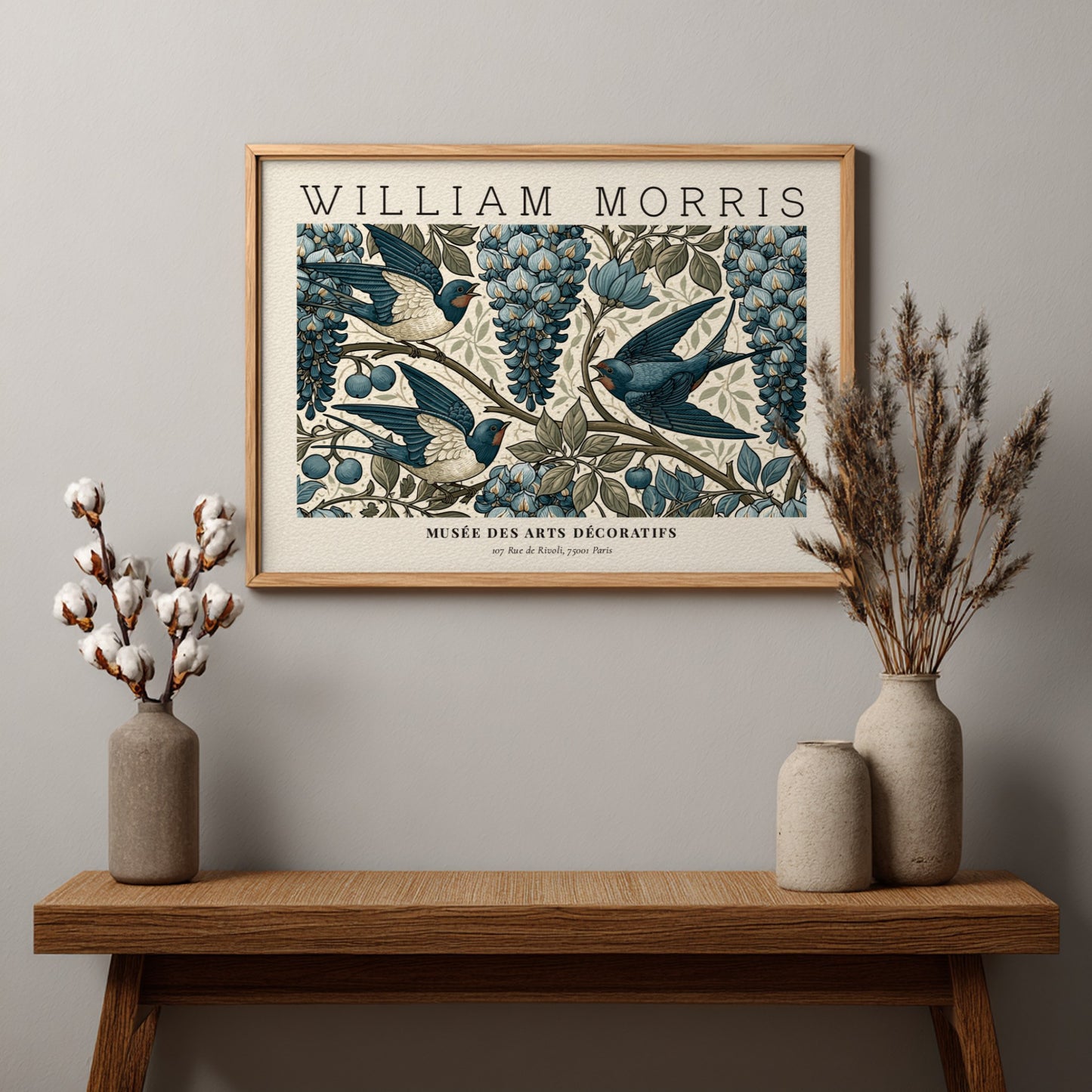 L'Art du Tissu wall art print by William Morris featuring blue swallows and grapes in vintage style
