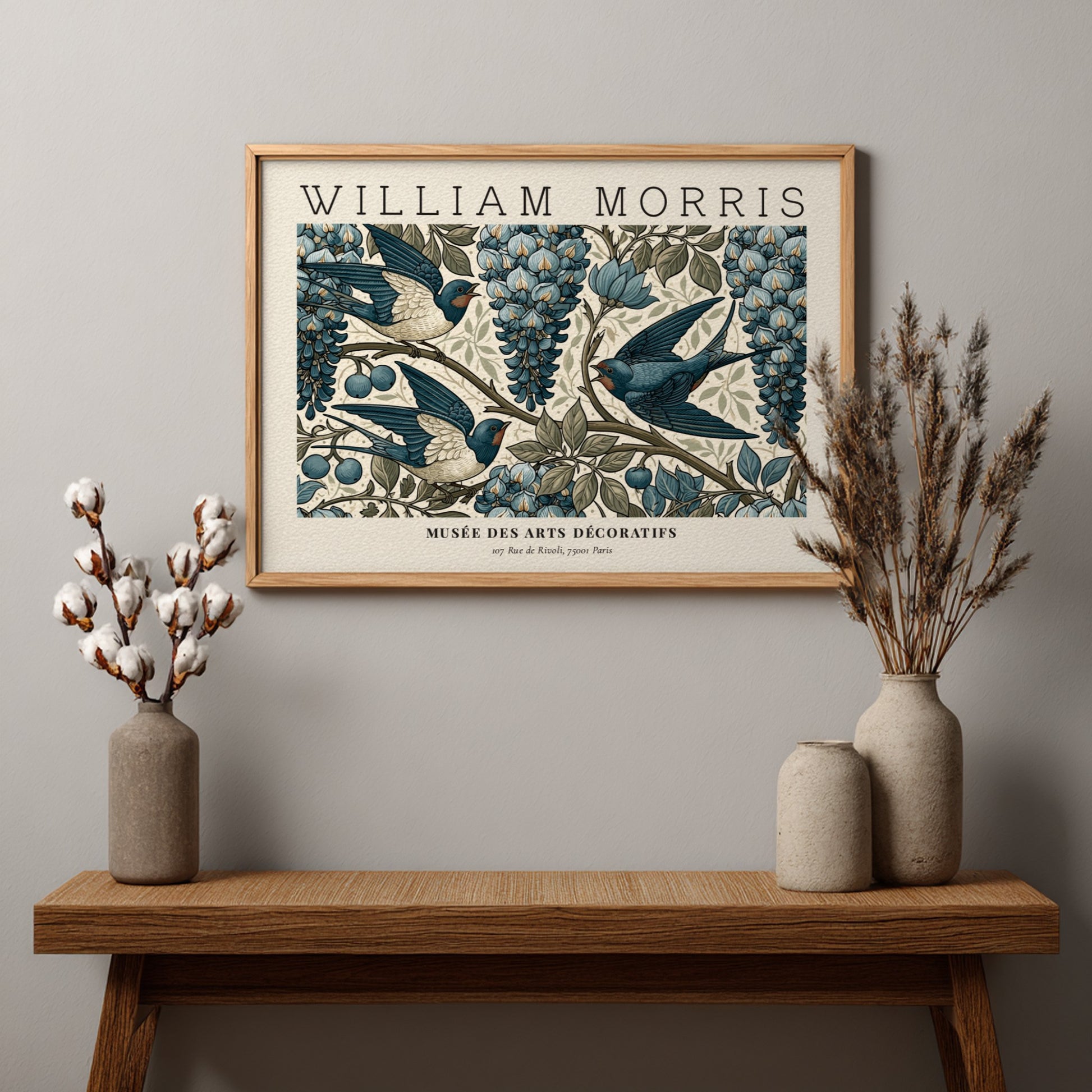 L'Art du Tissu wall art print by William Morris featuring blue swallows and grapes in vintage style