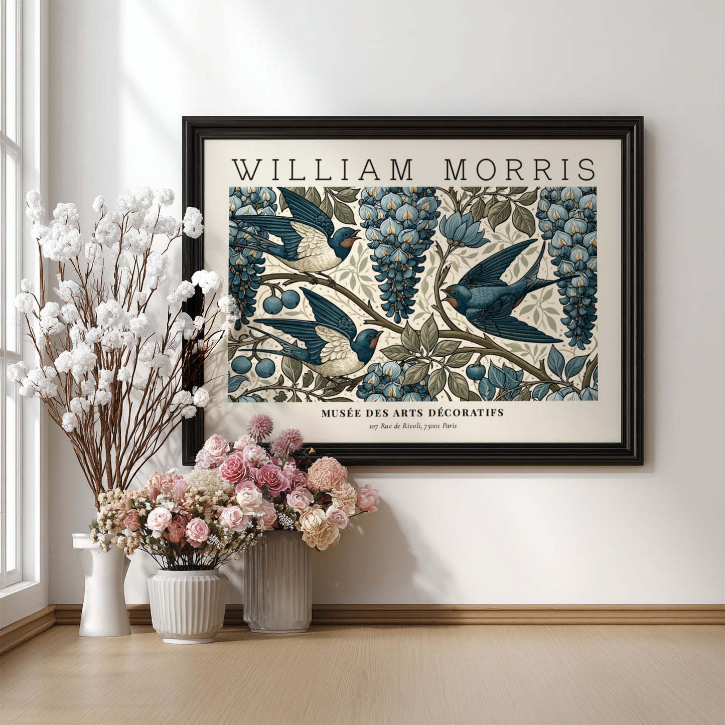 L'Art du Tissu wall art print by William Morris featuring blue swallows and grapes in vintage style
