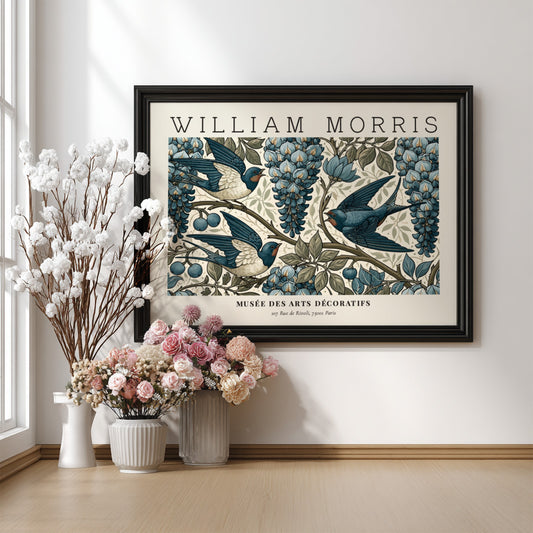L'Art du Tissu wall art print by William Morris featuring blue swallows and grapes in vintage style