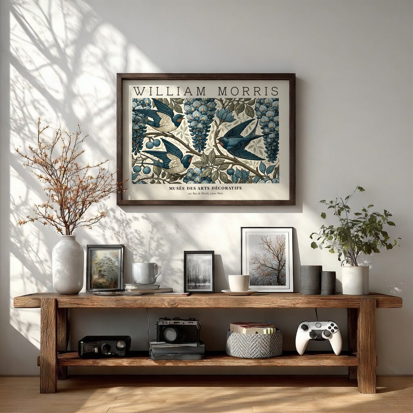 L'Art du Tissu wall art print by William Morris featuring blue swallows and grapes in vintage style