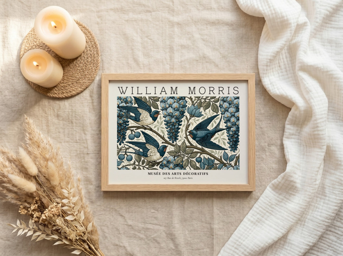 L'Art du Tissu wall art print by William Morris featuring blue swallows and grapes in vintage style