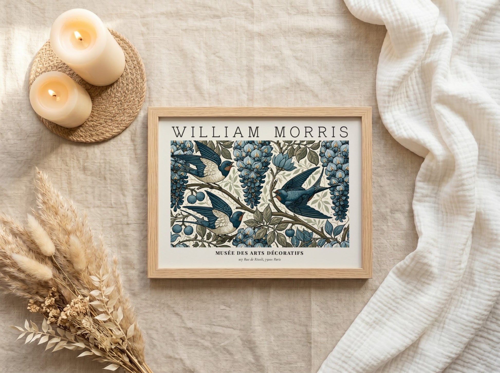 L'Art du Tissu wall art print by William Morris featuring blue swallows and grapes in vintage style