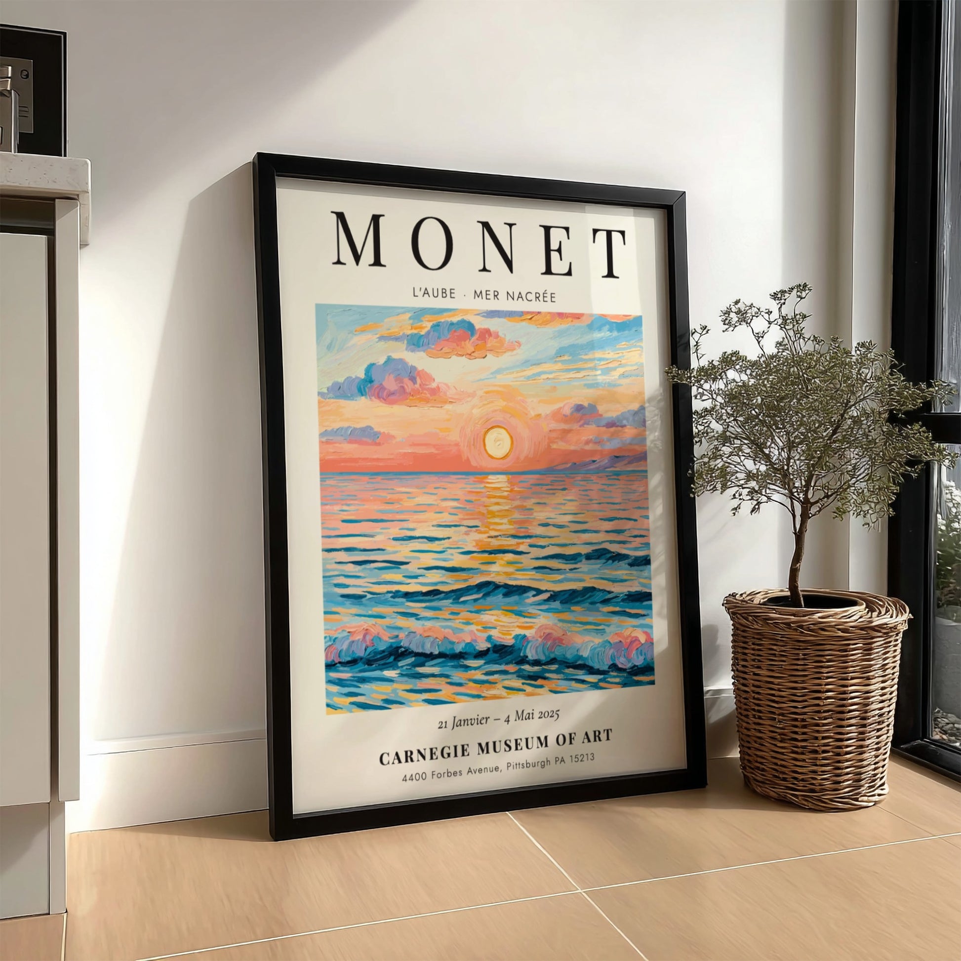 L'Aube - Mer Nacrée poster featuring soft pastel colors and serene seascape, inspired by Monet's
