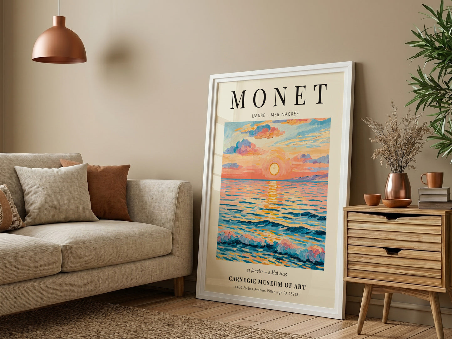 L'Aube - Mer Nacrée poster featuring soft pastel colors and serene seascape, inspired by Monet's