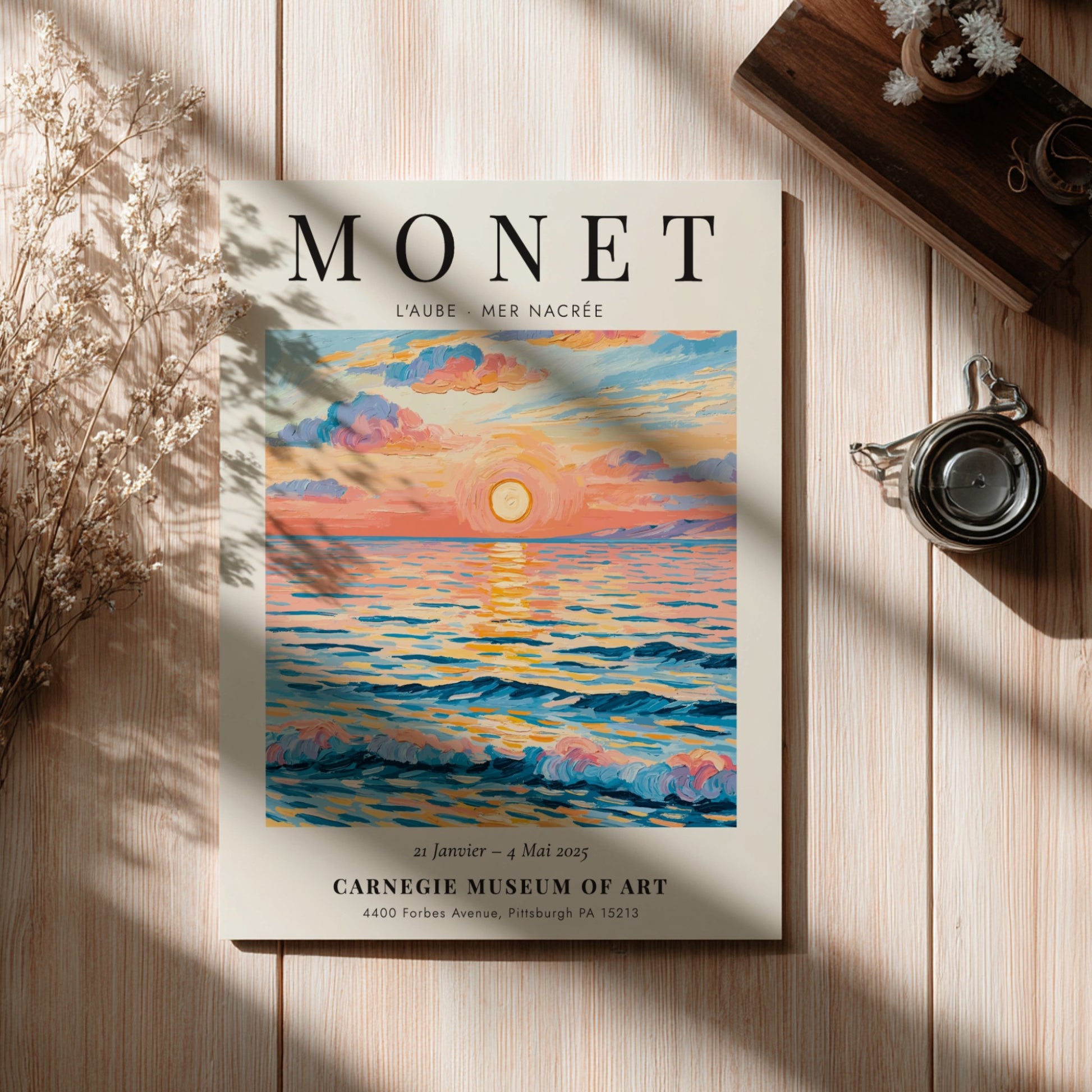L'Aube - Mer Nacrée poster featuring soft pastel colors and serene seascape, inspired by Monet's