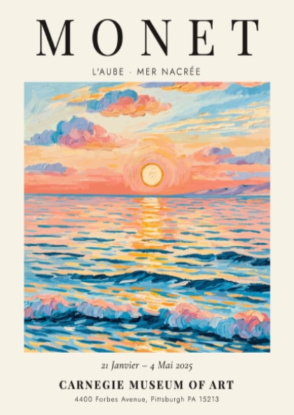 L'Aube - Mer Nacrée poster featuring soft pastel colors and serene seascape, inspired by Monet's