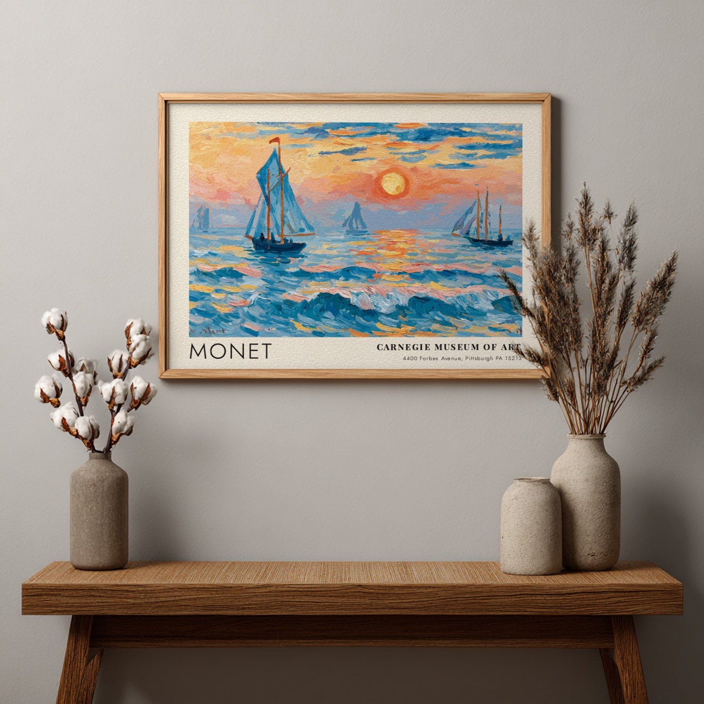 L'Aube - Mer Nacrée poster featuring Monet's coastal scene with vibrant blues and sunset hues