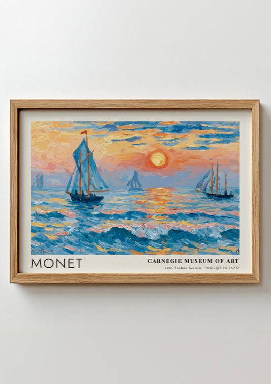 L'Aube - Mer Nacrée poster featuring Monet's coastal scene with vibrant blues and sunset hues