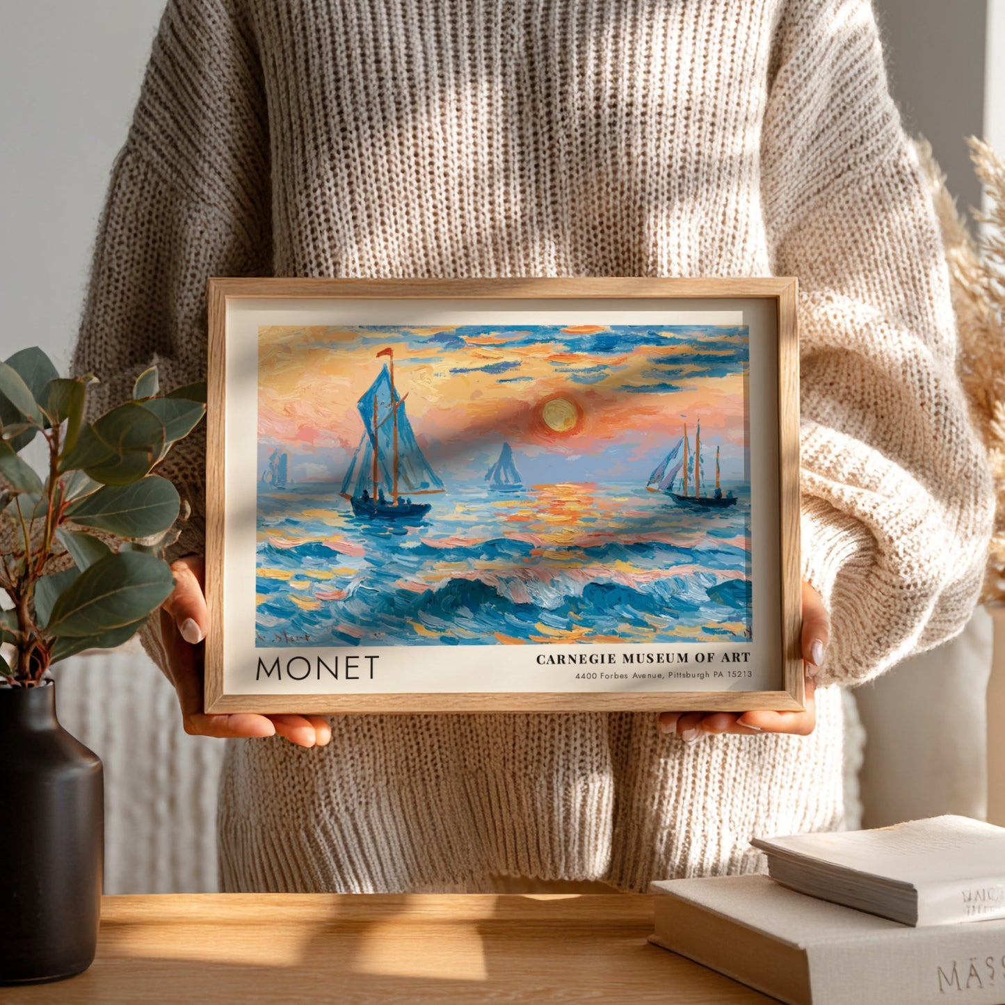 L'Aube - Mer Nacrée poster featuring Monet's coastal scene with vibrant blues and sunset hues