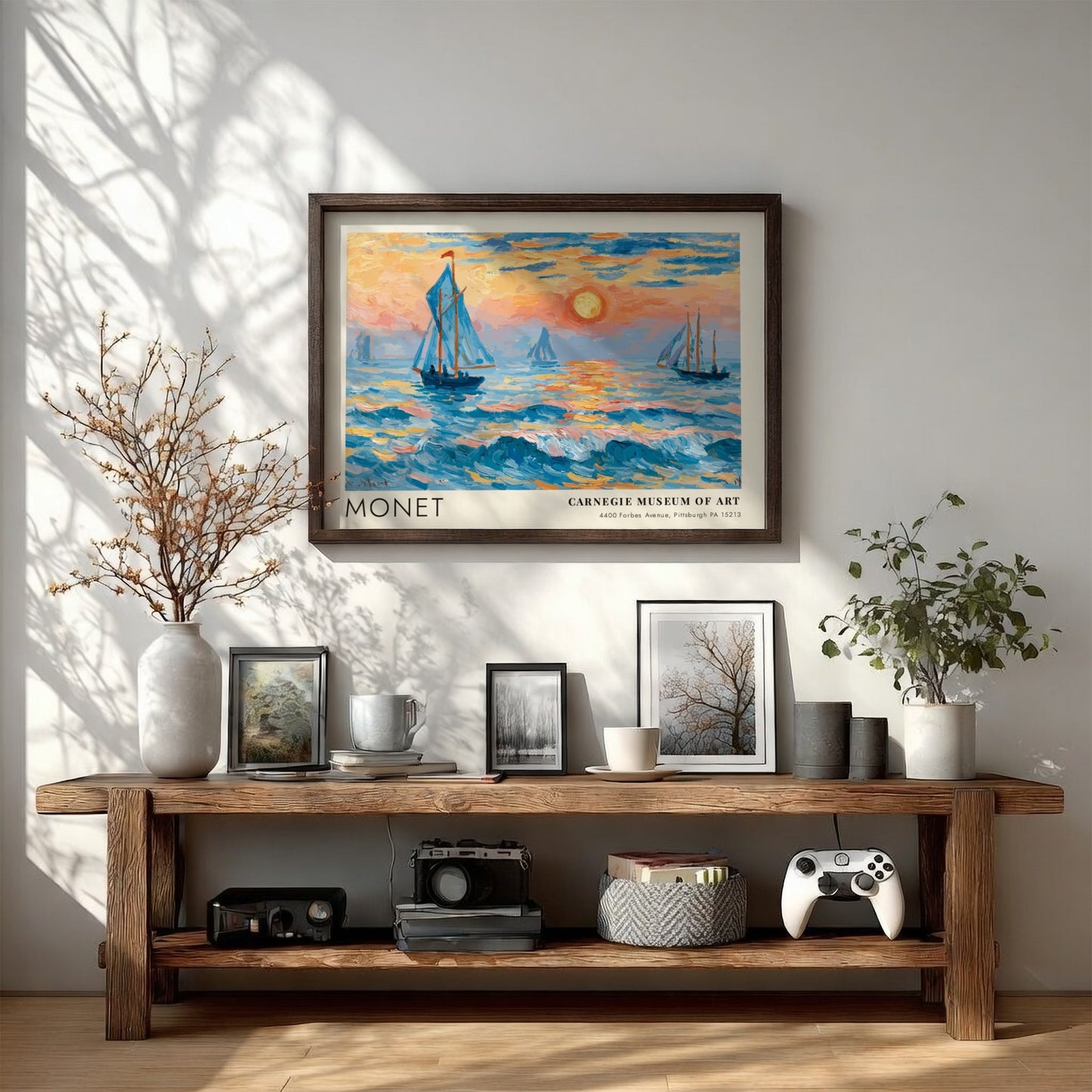L'Aube - Mer Nacrée poster featuring Monet's coastal scene with vibrant blues and sunset hues
