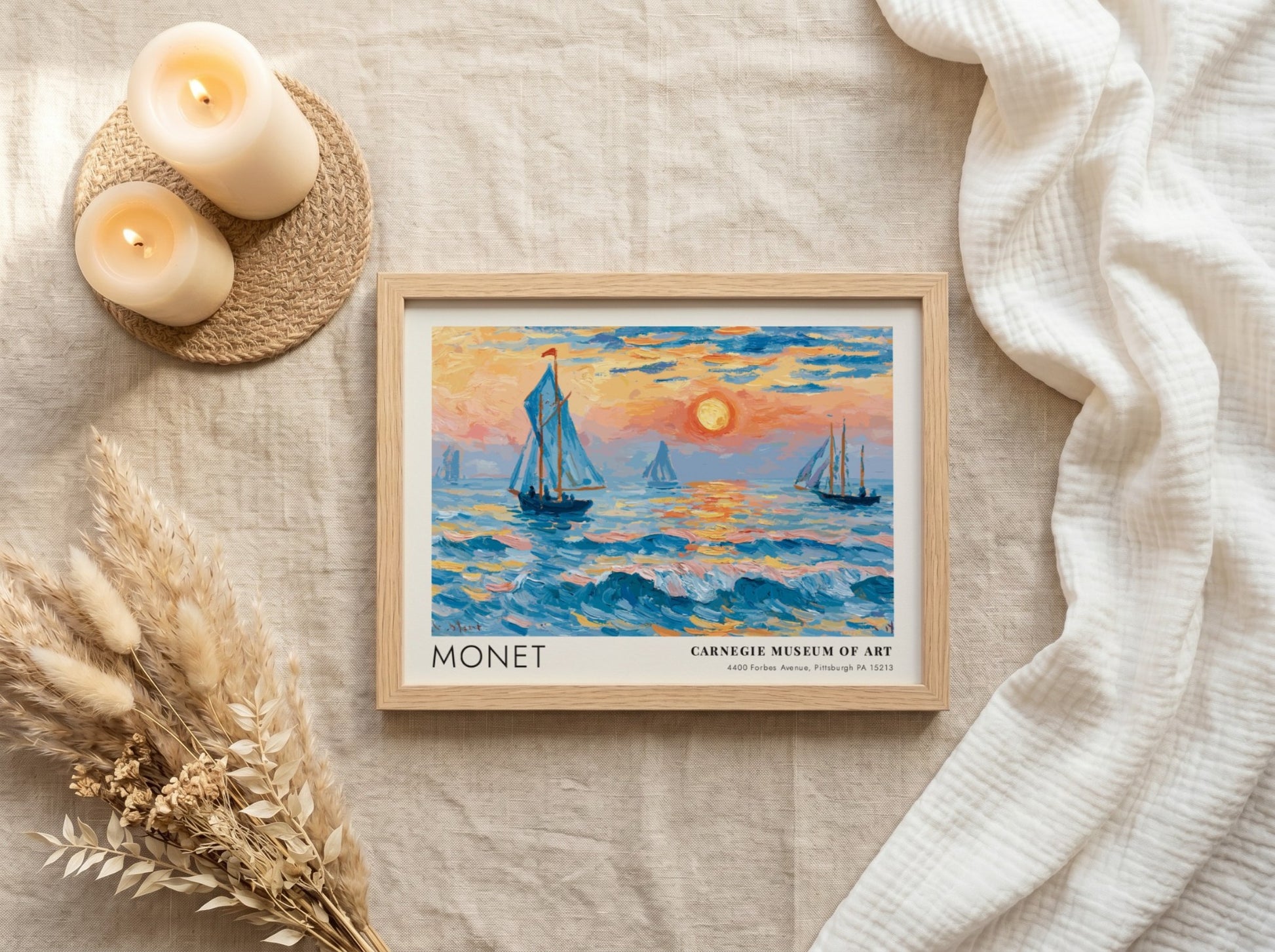 L'Aube - Mer Nacrée poster featuring Monet's coastal scene with vibrant blues and sunset hues