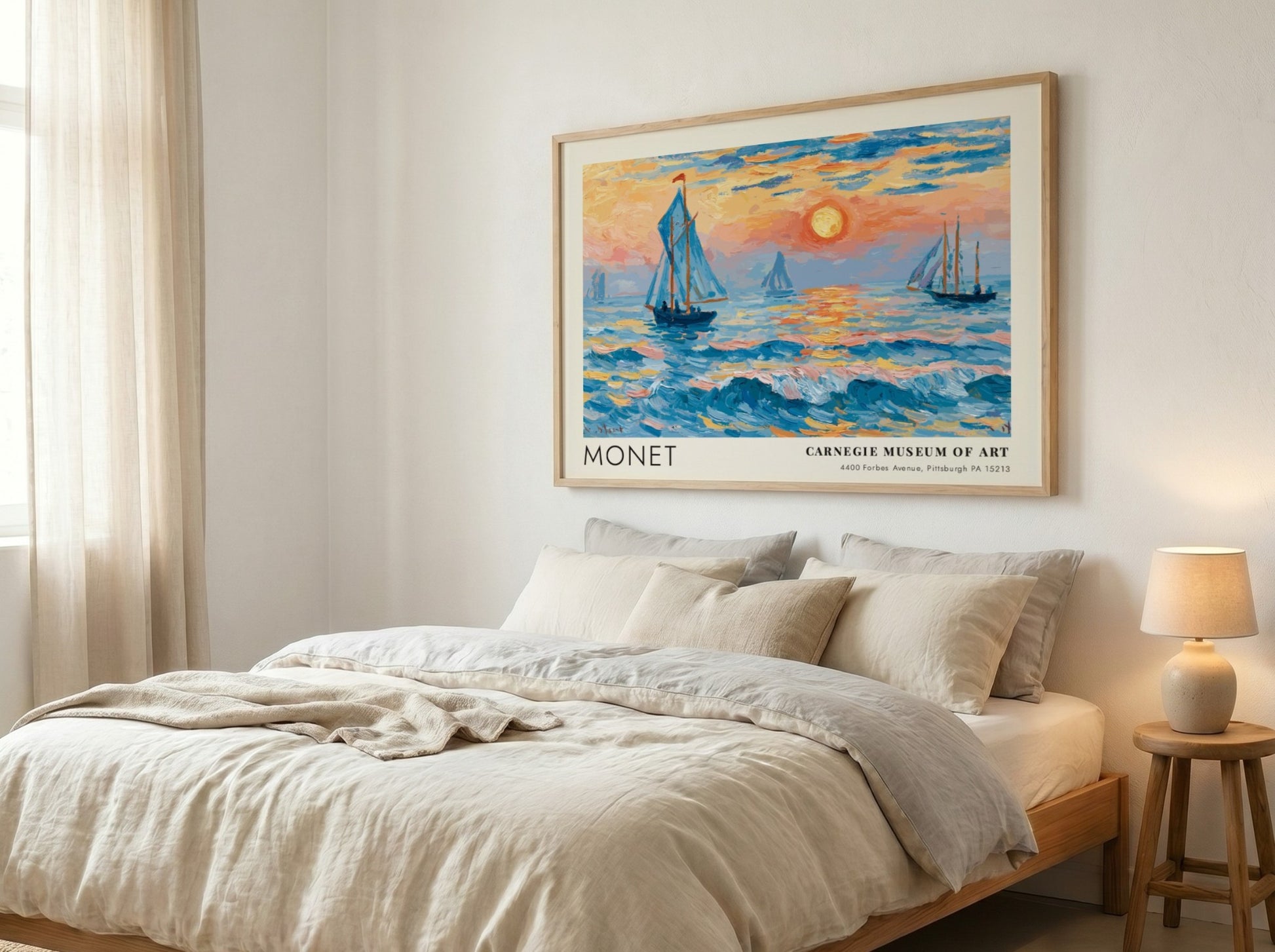 L'Aube - Mer Nacrée poster featuring Monet's coastal scene with vibrant blues and sunset hues