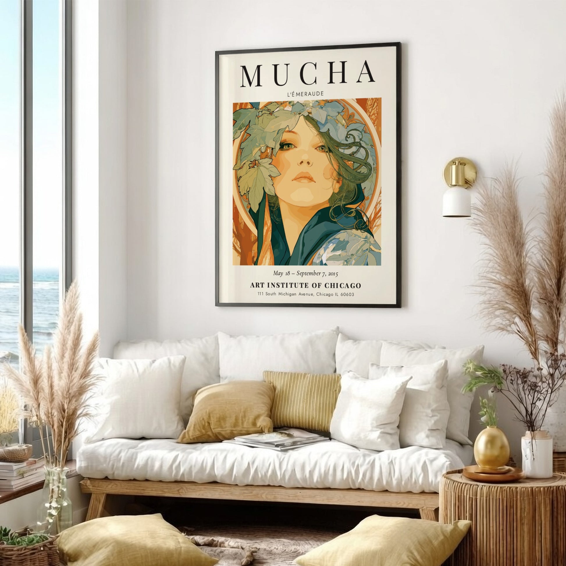 L'Émeraude poster by Alphonse Mucha featuring intricate details and soft green tones