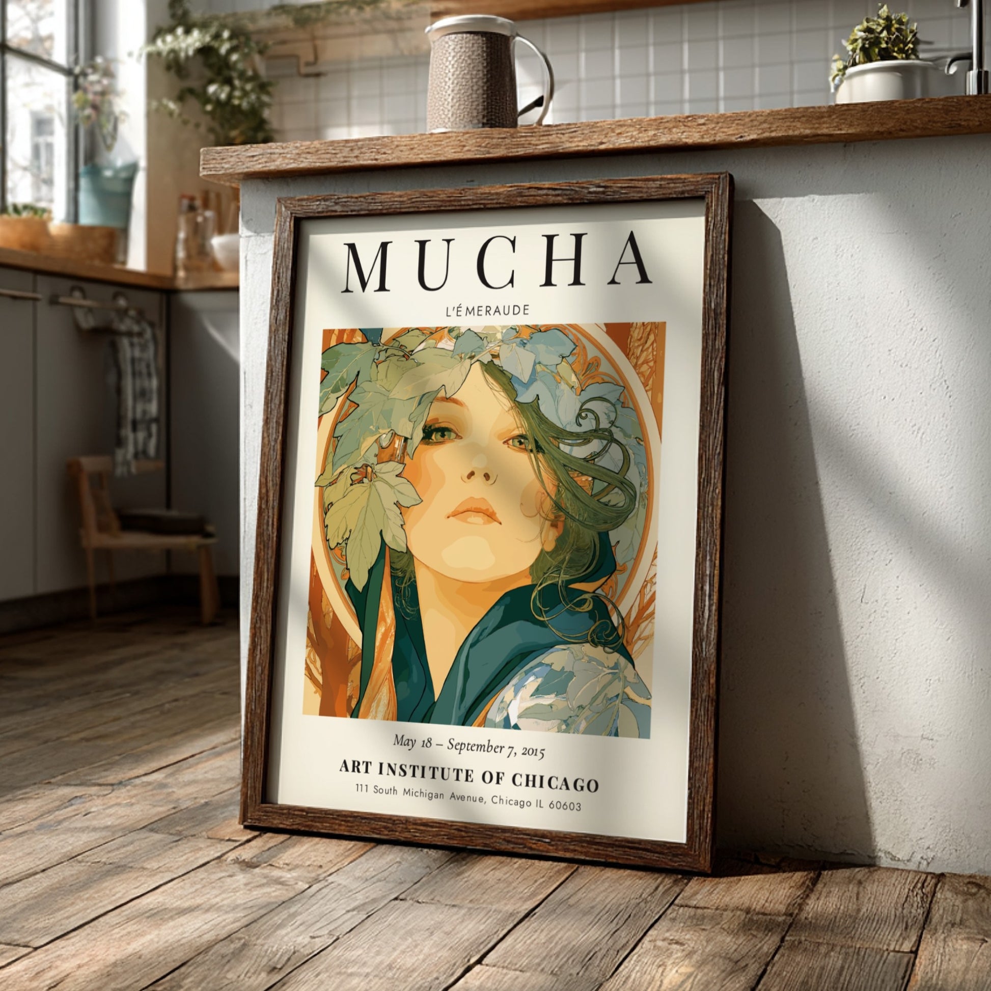 L'Émeraude poster by Alphonse Mucha featuring intricate details and soft green tones