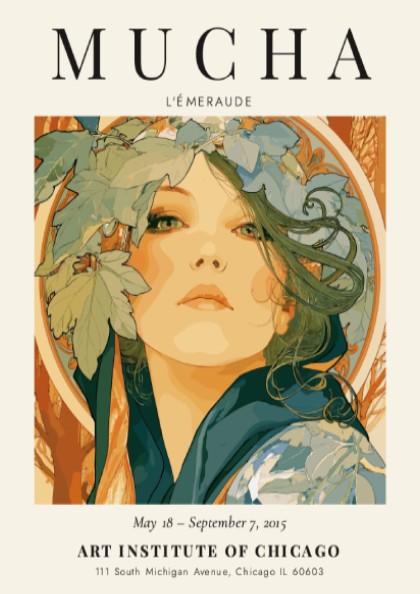 L'Émeraude poster by Alphonse Mucha featuring intricate details and soft green tones