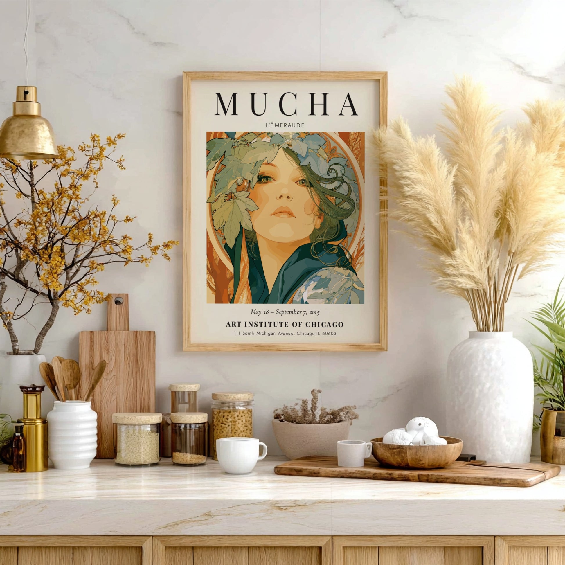 L'Émeraude poster by Alphonse Mucha featuring intricate details and soft green tones