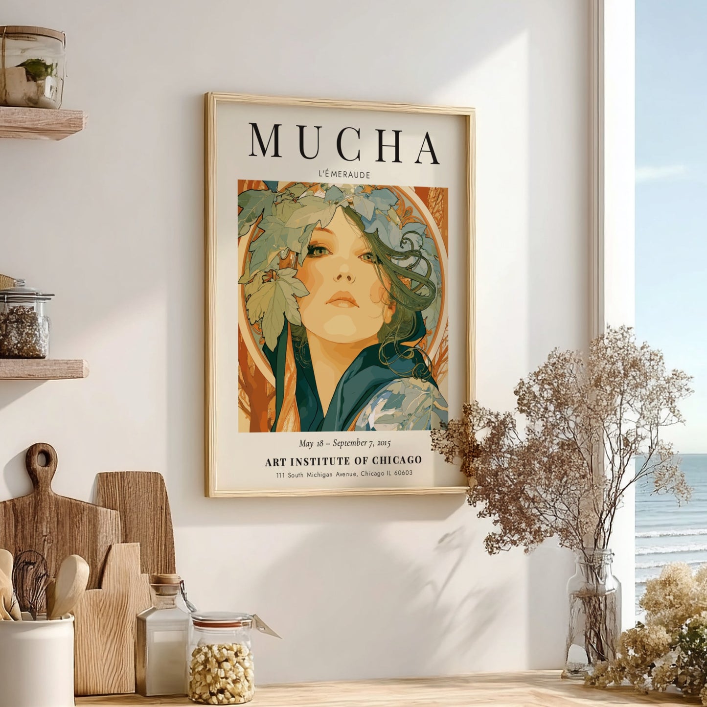 L'Émeraude poster by Alphonse Mucha featuring intricate details and soft green tones