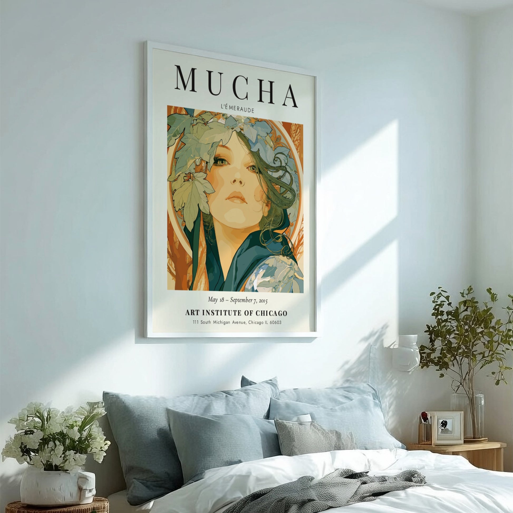L'Émeraude poster by Alphonse Mucha featuring intricate details and soft green tones
