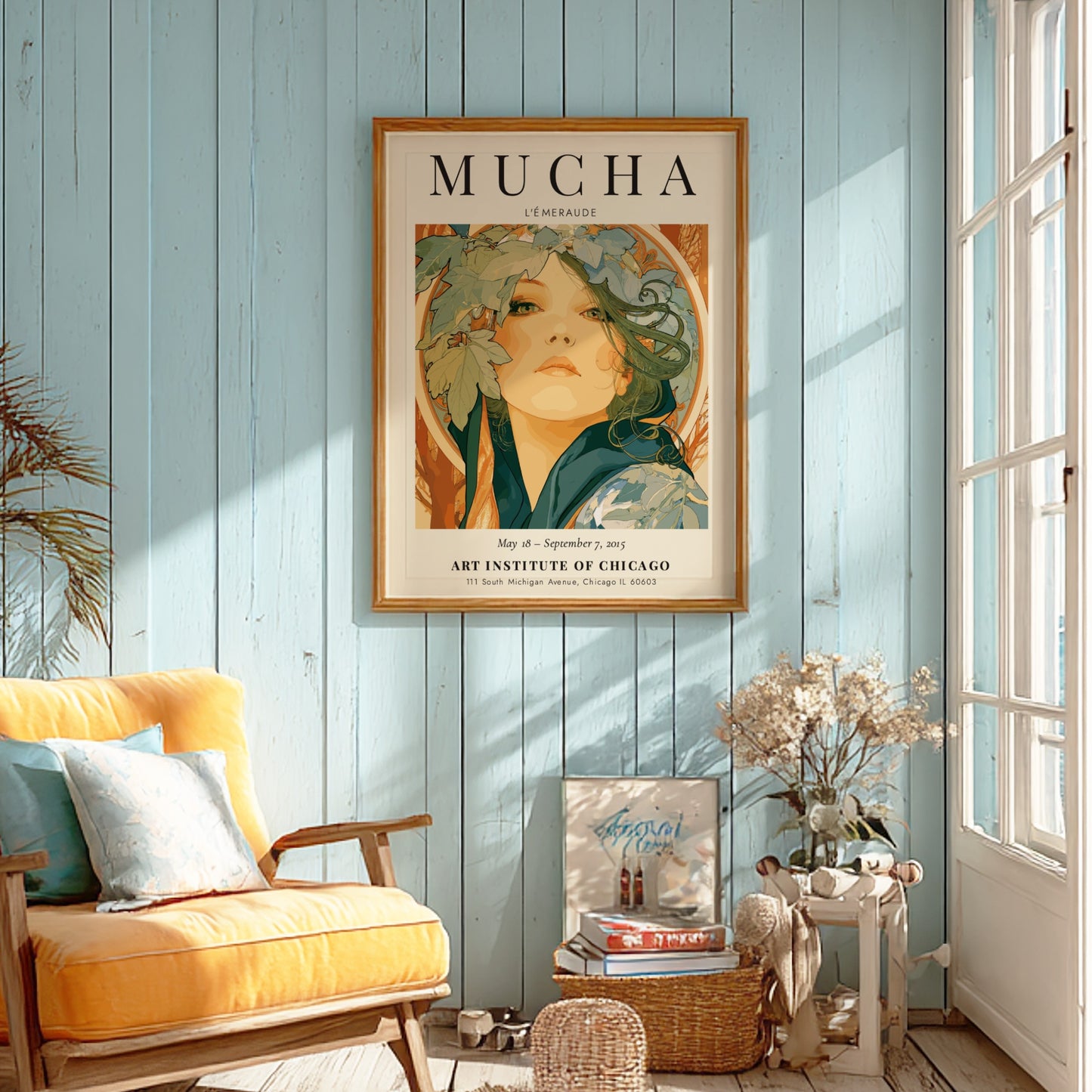 L'Émeraude poster by Alphonse Mucha featuring intricate details and soft green tones