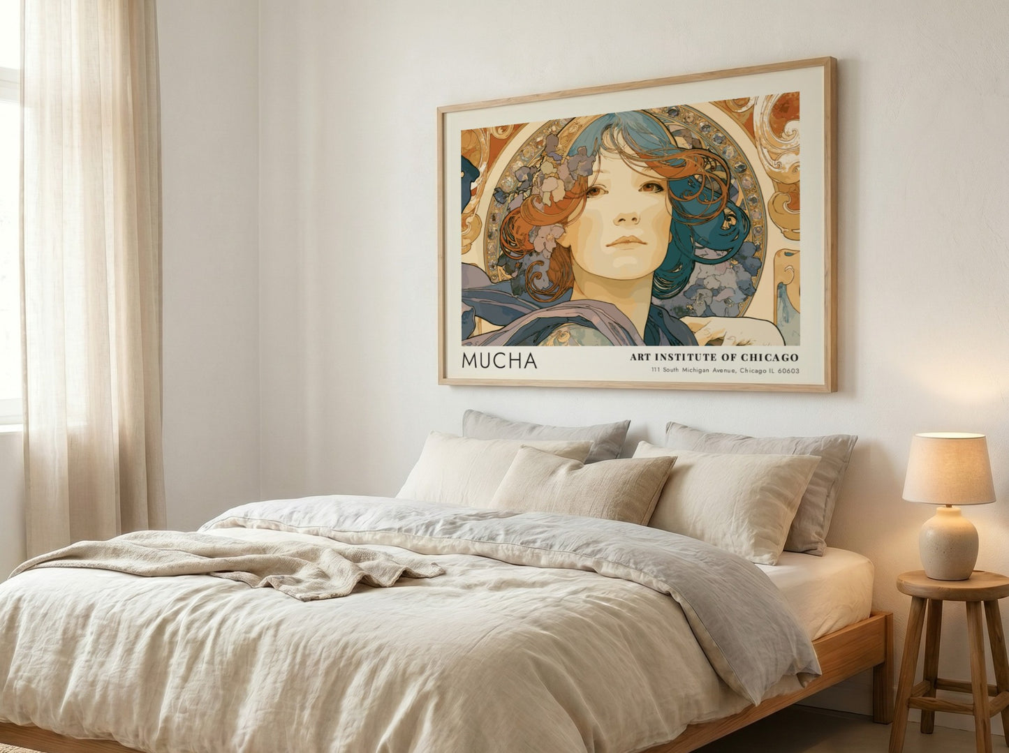 Wall art poster featuring Alphonse Mucha L'Émeraude portrait with blue and copper tones.