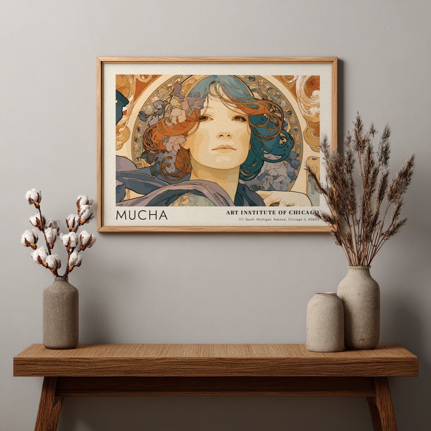 Wall art poster featuring Alphonse Mucha L'Émeraude portrait with blue and copper tones.