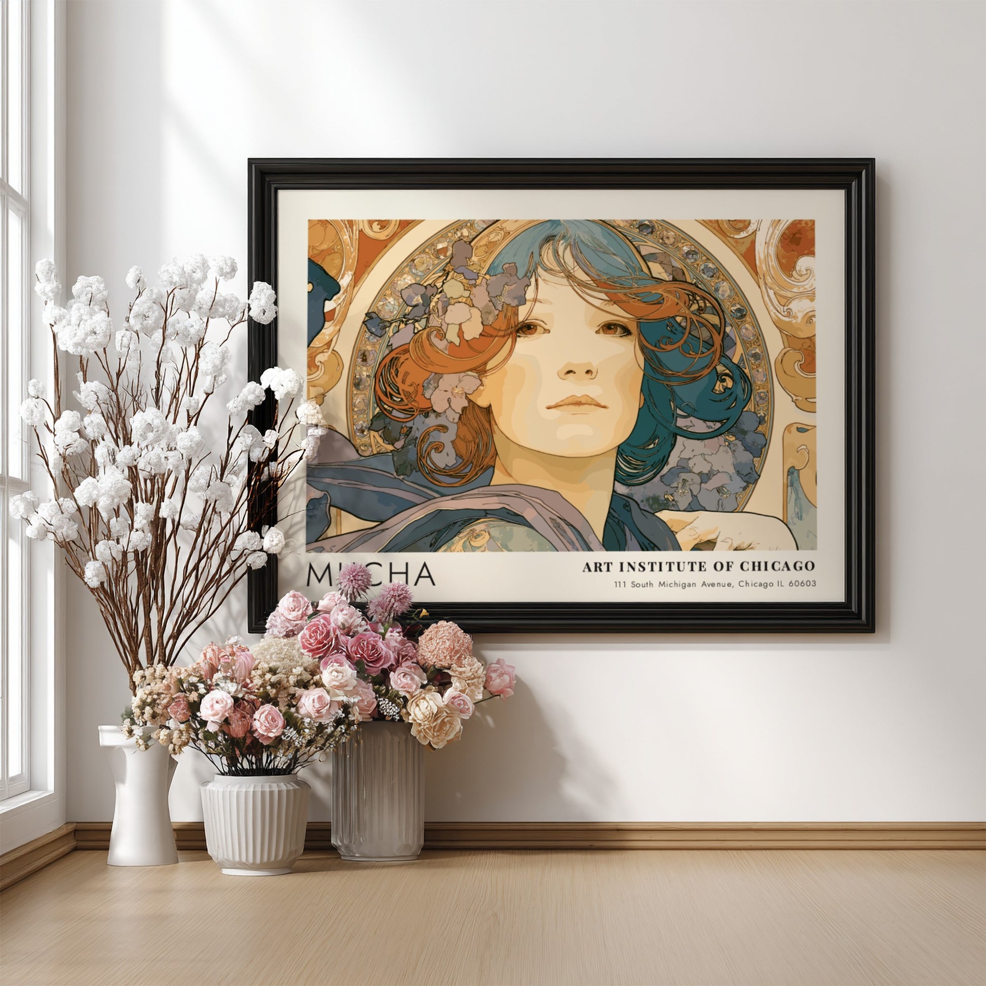 Wall art poster featuring Alphonse Mucha L'Émeraude portrait with blue and copper tones.