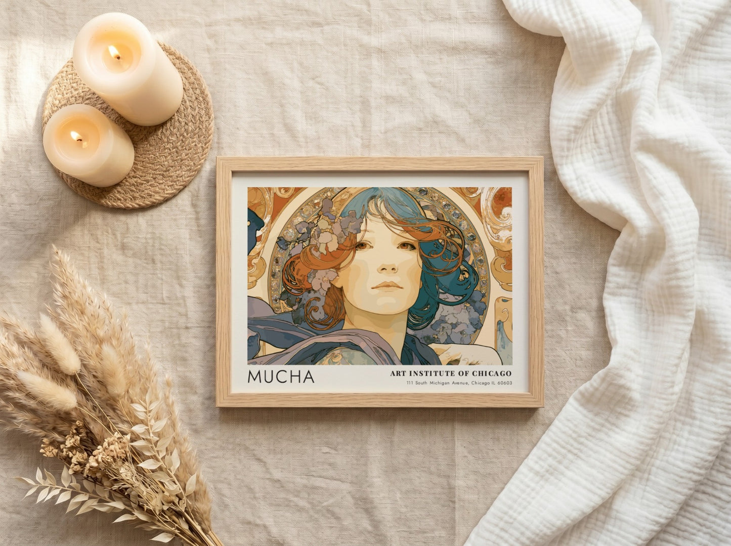 Wall art poster featuring Alphonse Mucha L'Émeraude portrait with blue and copper tones.