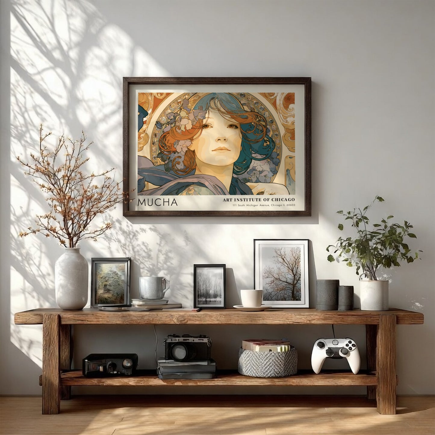 Wall art poster featuring Alphonse Mucha L'Émeraude portrait with blue and copper tones.