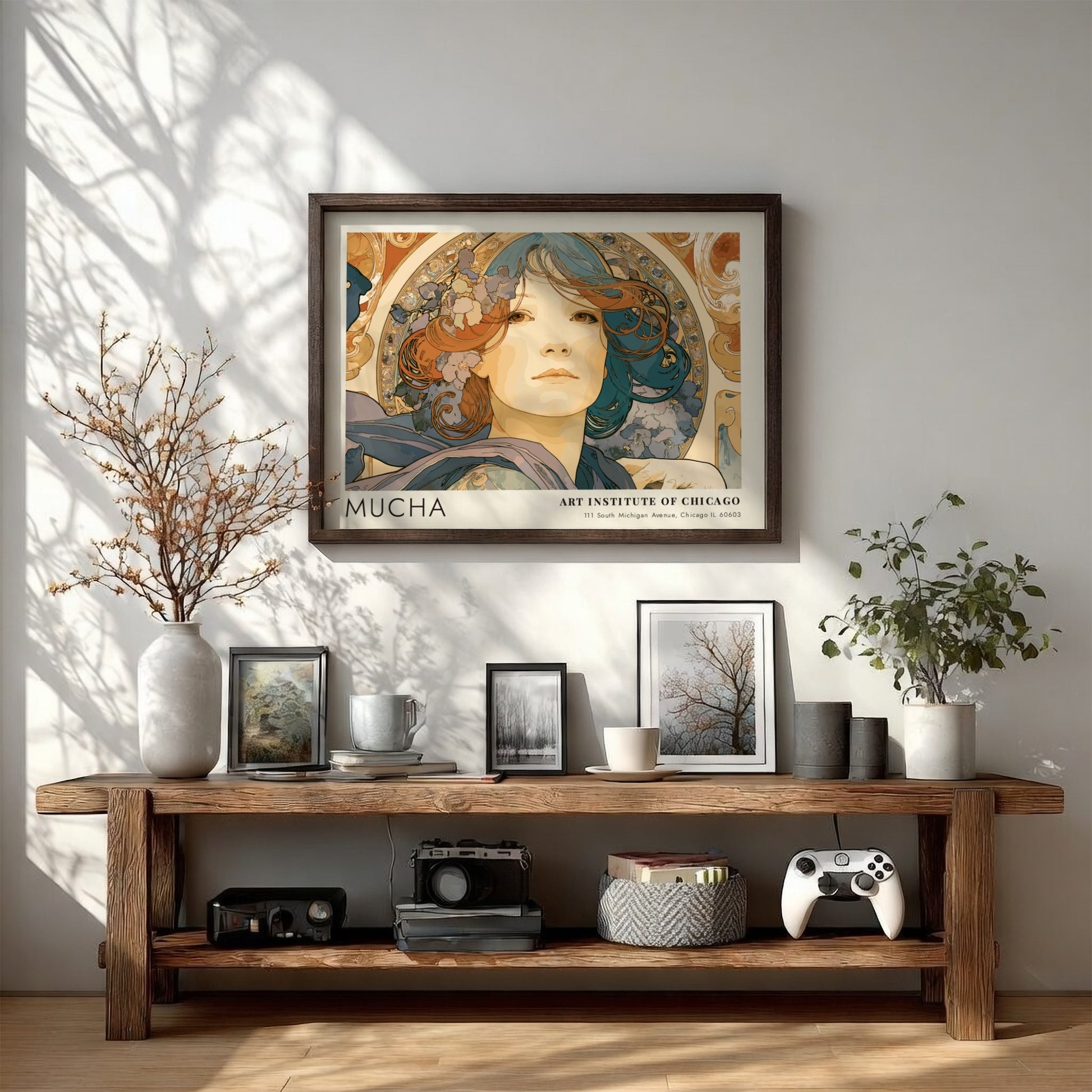 Wall art poster featuring Alphonse Mucha L'Émeraude portrait with blue and copper tones.