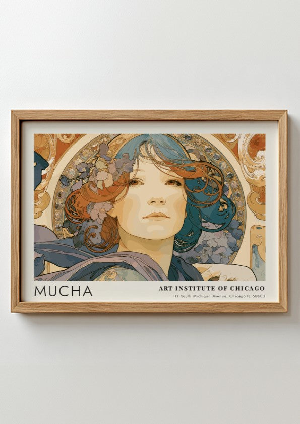 Wall art poster featuring Alphonse Mucha L'Émeraude portrait with blue and copper tones.