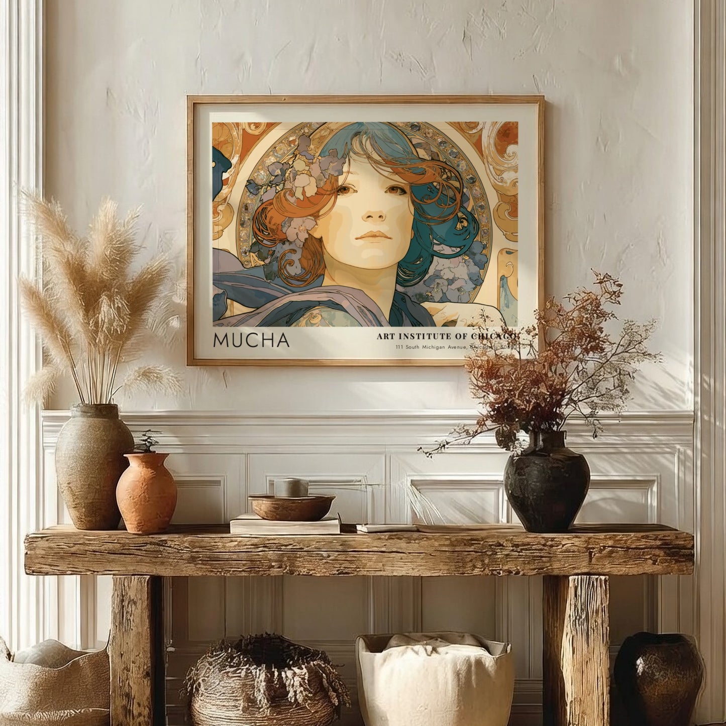 Wall art poster featuring Alphonse Mucha L'Émeraude portrait with blue and copper tones.
