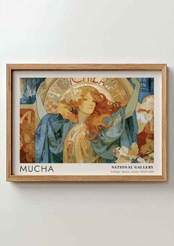 Wall art poster featuring Alphonse Mucha artwork with blue robes and golden details.