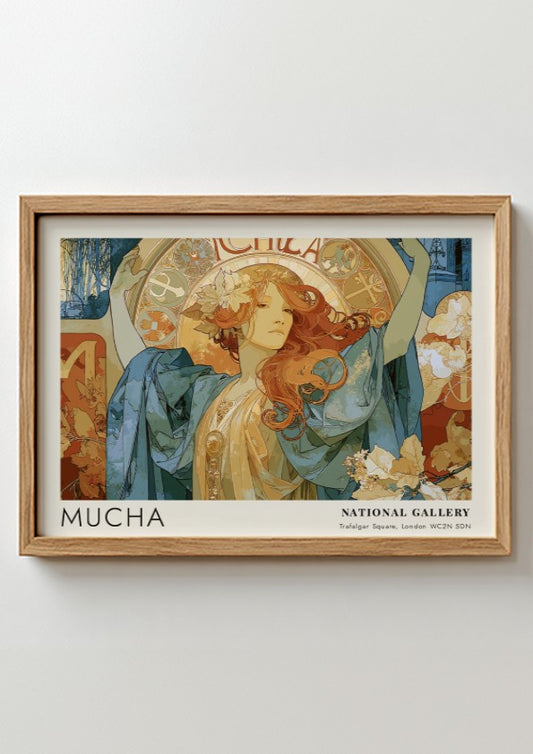 Wall art poster featuring Alphonse Mucha artwork with blue robes and golden details.