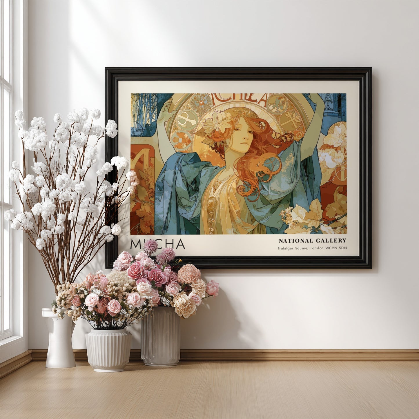 Wall art poster featuring Alphonse Mucha artwork with blue robes and golden details.