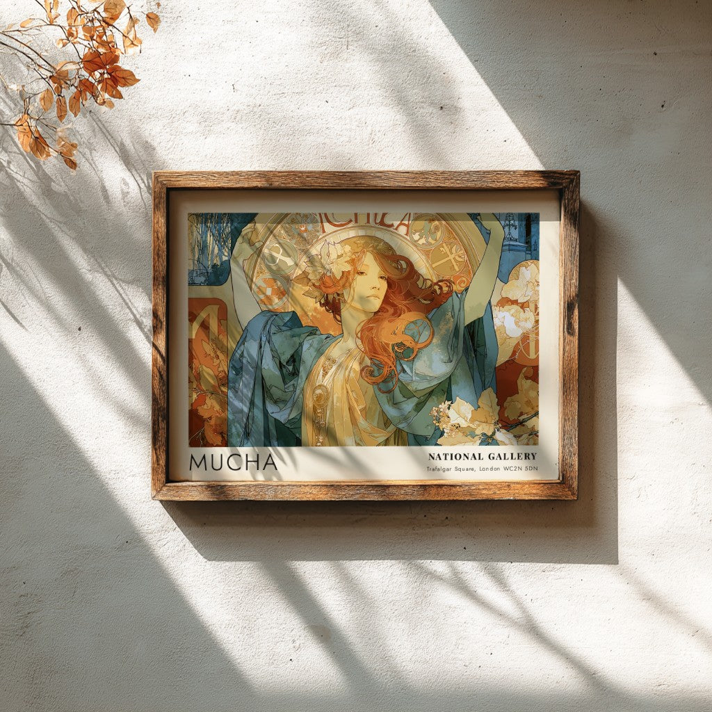 Wall art poster featuring Alphonse Mucha artwork with blue robes and golden details.