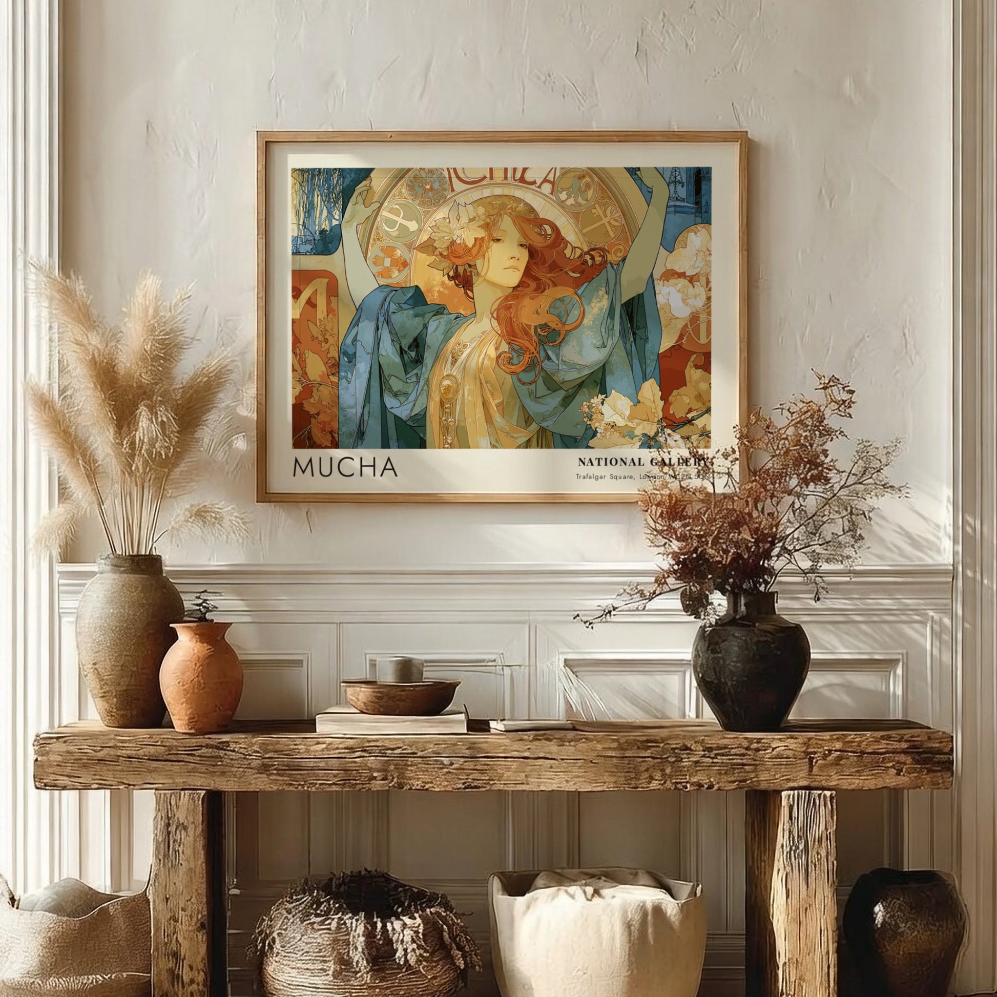 Wall art poster featuring Alphonse Mucha artwork with blue robes and golden details.